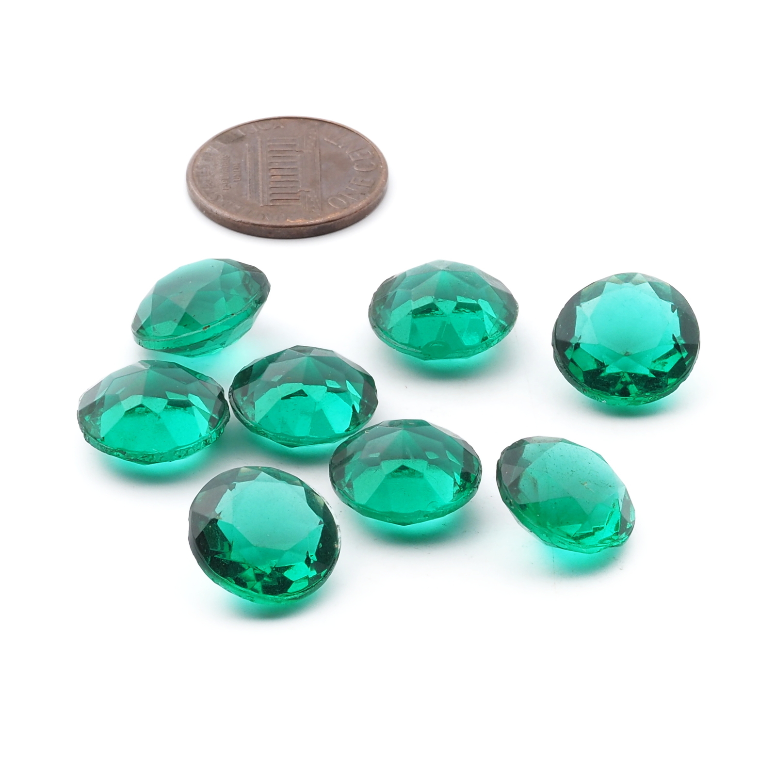 Lot (8) large Czech vintage round faceted green glass rhinestones 13mm