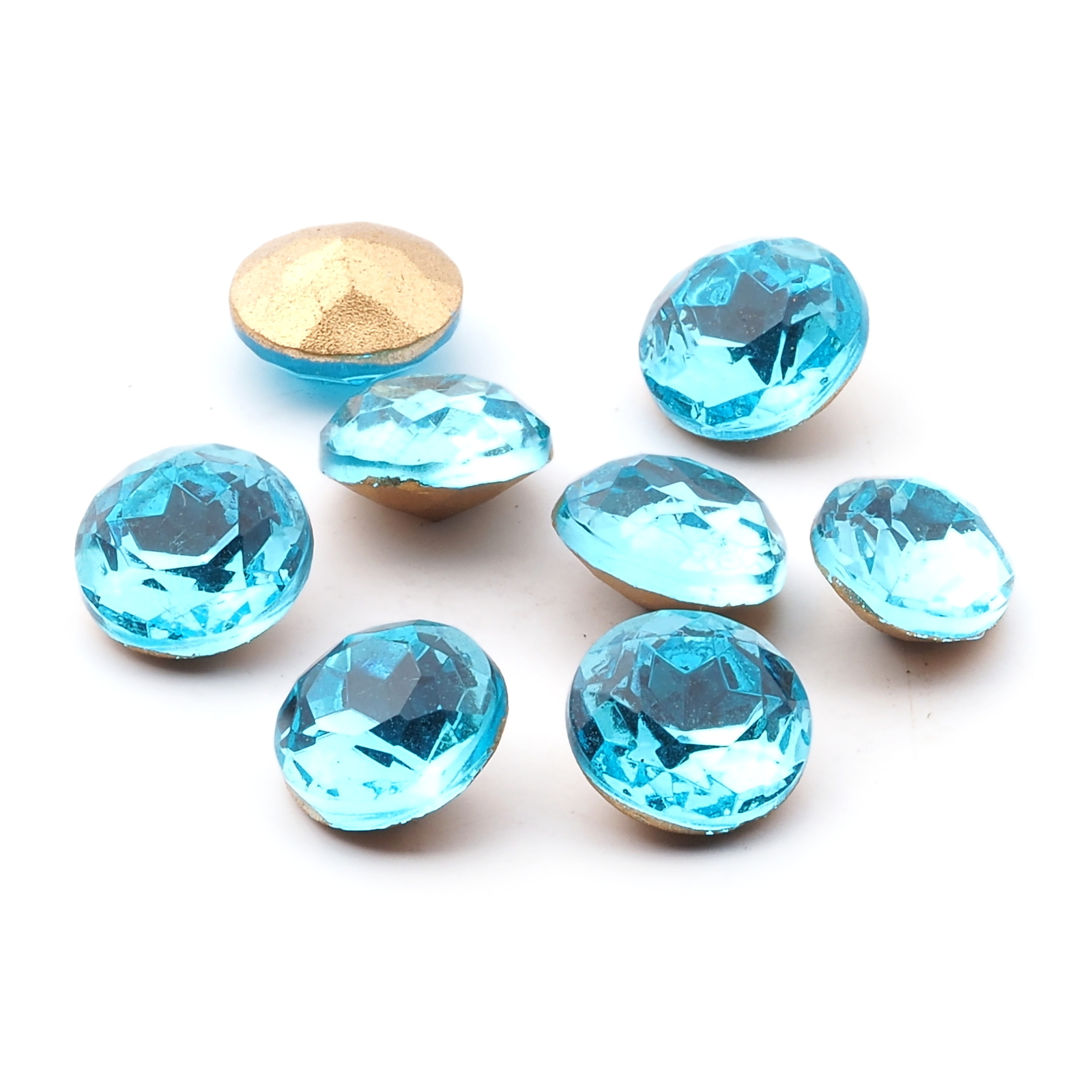 Lot (8) large Czech vintage round faceted foiled blue glass rhinestones 12mm