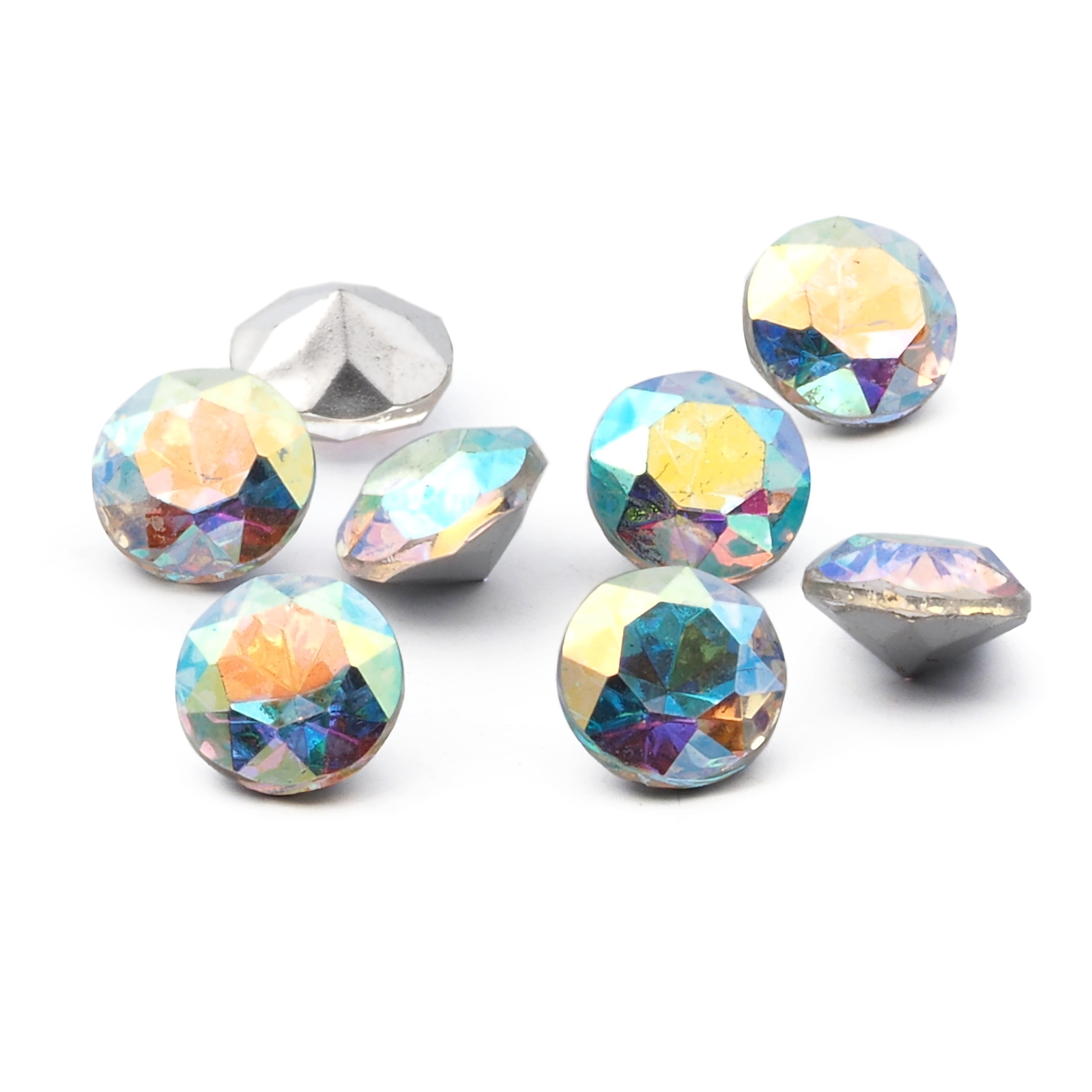 Lot (8) large Czech vintage round faceted foiled AB glass rhinestones 11mm
