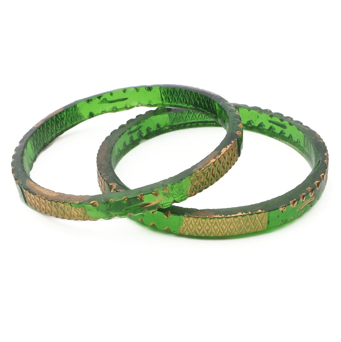 Lot (2) Antique Czech gold gilt green faceted glass bangles 2.35"