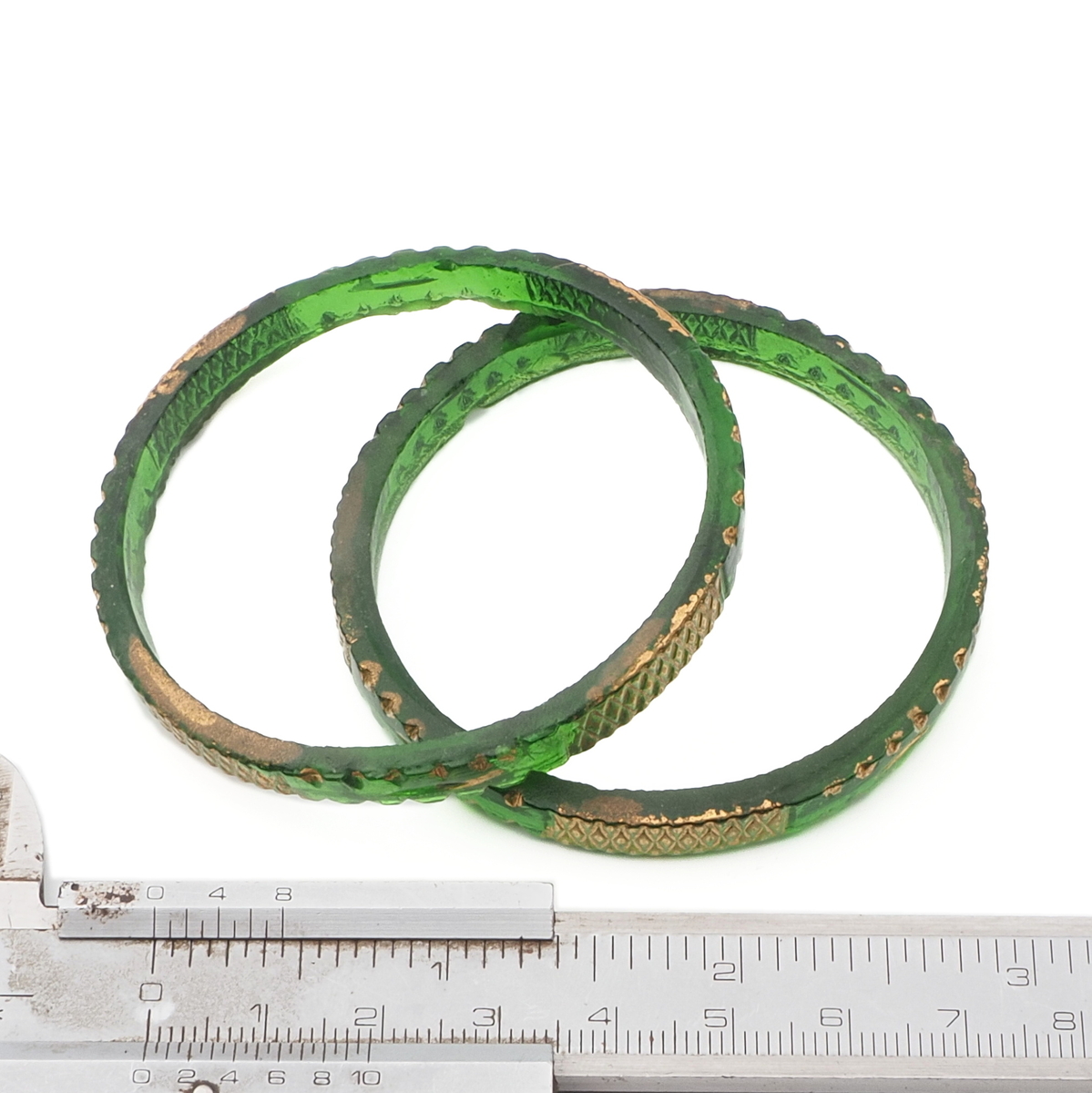 Lot (2) Antique Czech gold gilt green faceted glass bangles 2.35"