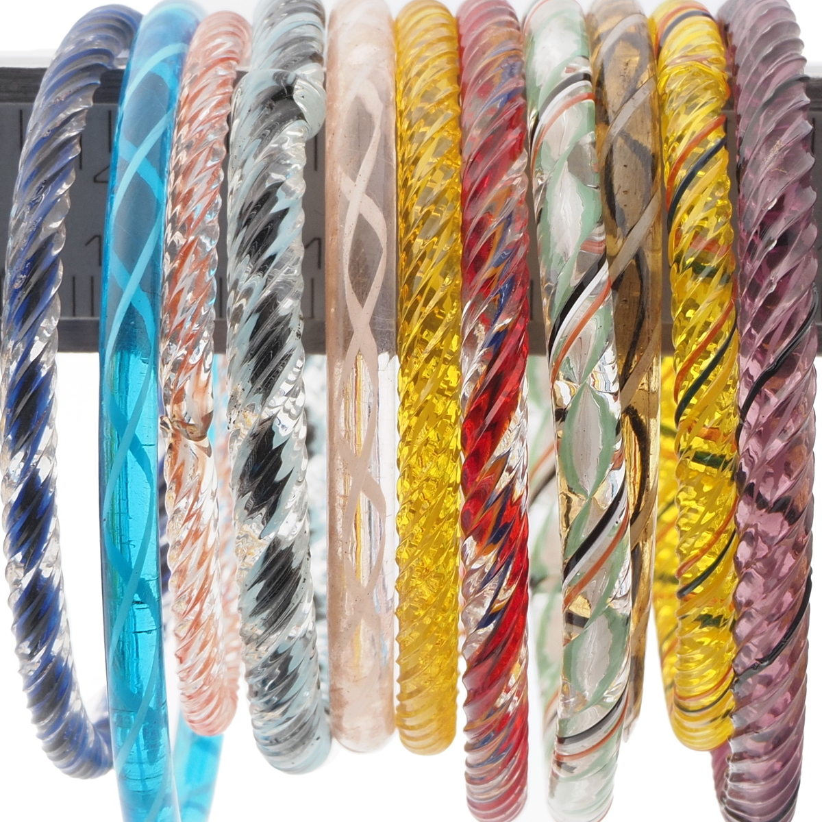 Lot (11) antique Czech assorted filigree bicolor lampwork small glass bangles hoop