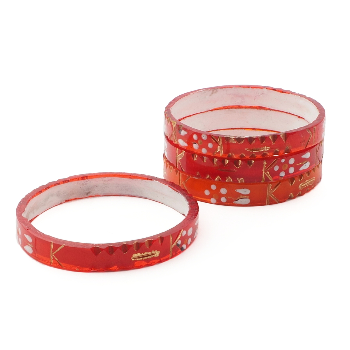 Lot (4) antique Nouveau Czech gold gilt enamel red faceted glass bangles