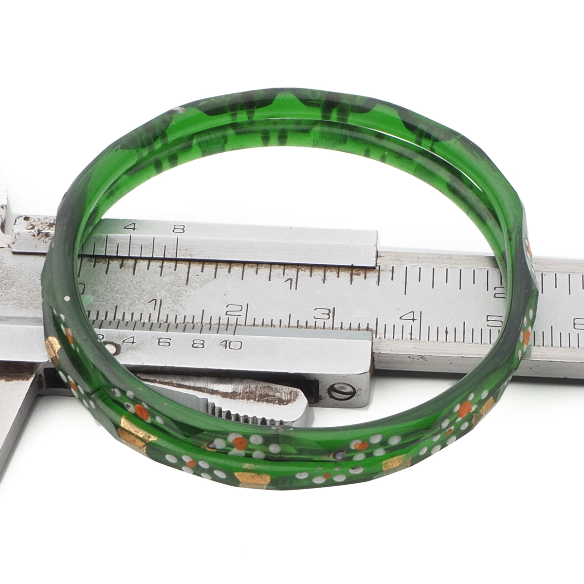 Lot (2) Antique Czech gold gilt enamel green faceted glass bangles 2.25"