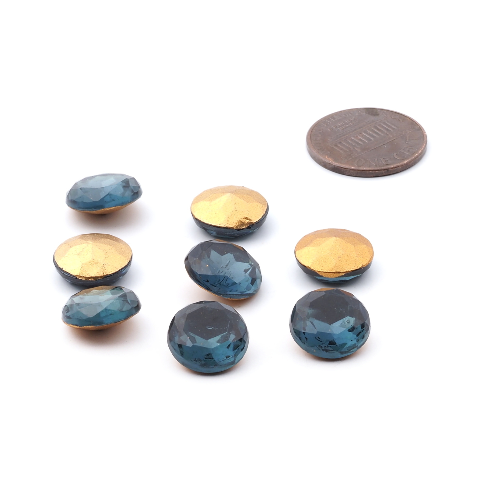 Lot (8) large Czech vintage round faceted foiled tile blue glass rhinestones 12mm