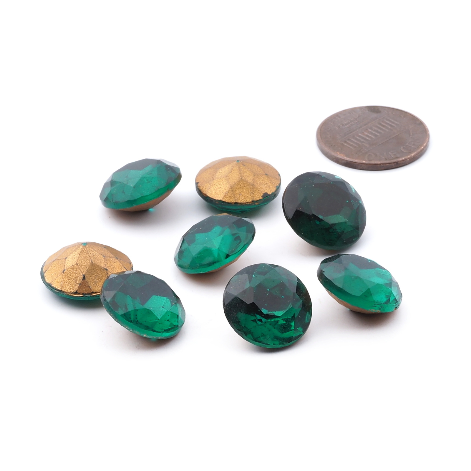Lot (8) large Czech vintage round faceted foiled green glass rhinestones 14/15mm