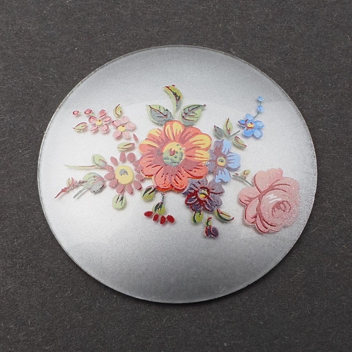 Vintage Czech hand painted flower bouquet glass cabochon jewelry element 39mm