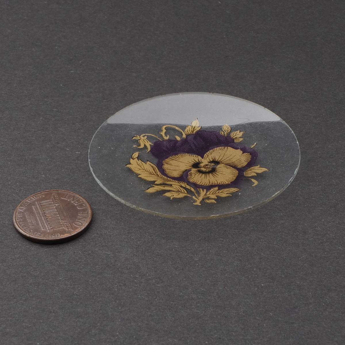 Vintage Czech gold gilt iris floral clear glass cabochon jewelry element 54mm