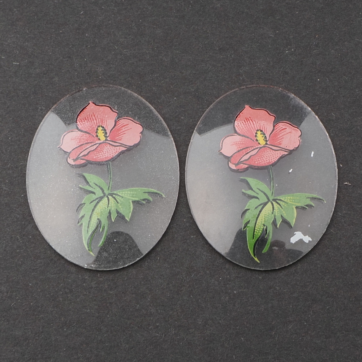 Lot (2) Vintage Czech pink flower clear oval glass cabochon jewelry elements 40x30mm