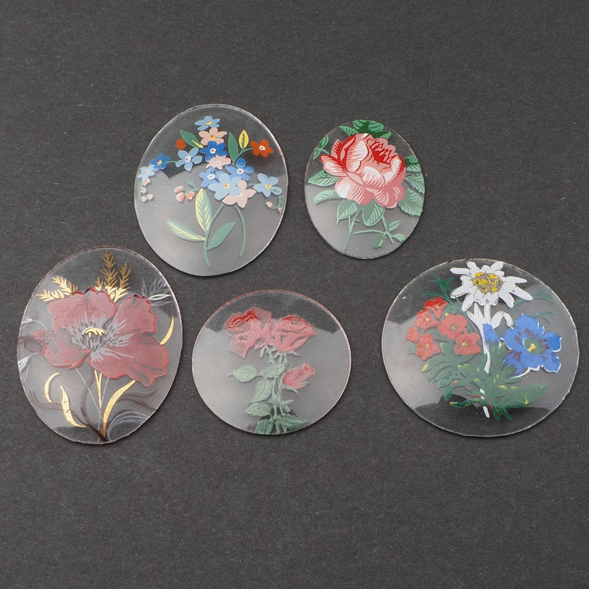 Lot (5) Vintage Czech flower clear glass cabochon jewelry elements 