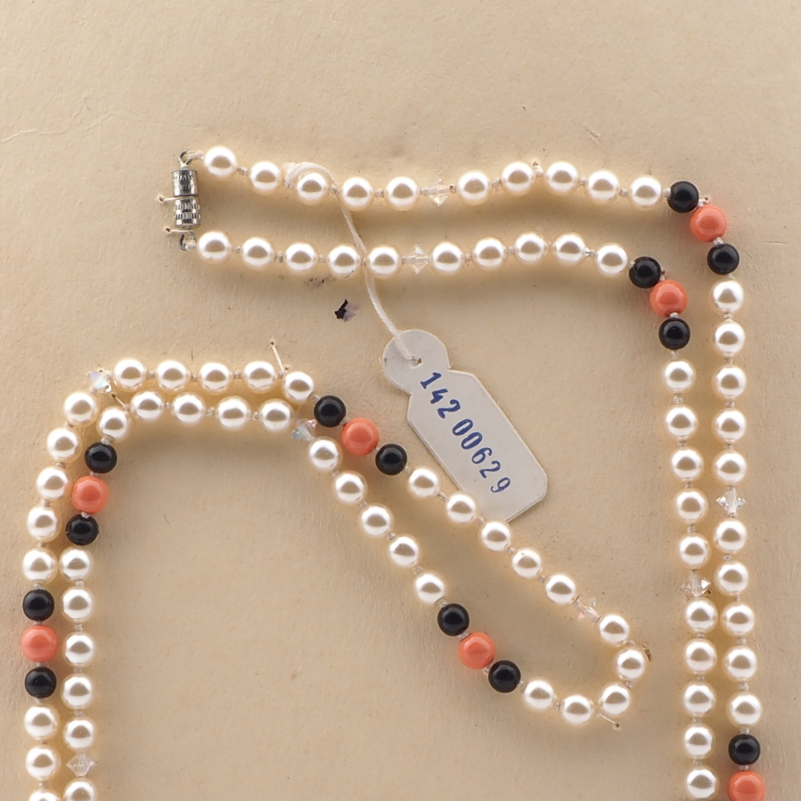 Long vintage Czech necklace pearl black orange glass beads 37"