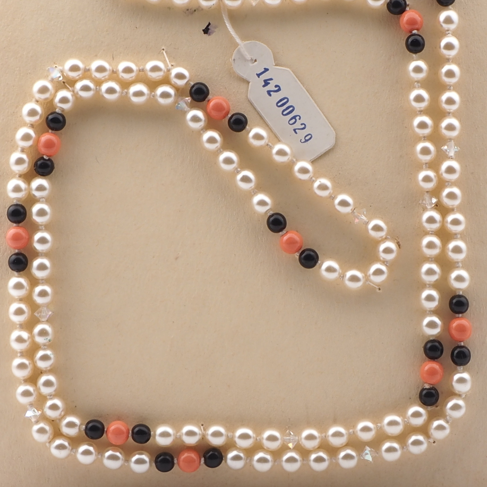 Long vintage Czech necklace pearl black orange glass beads 37"