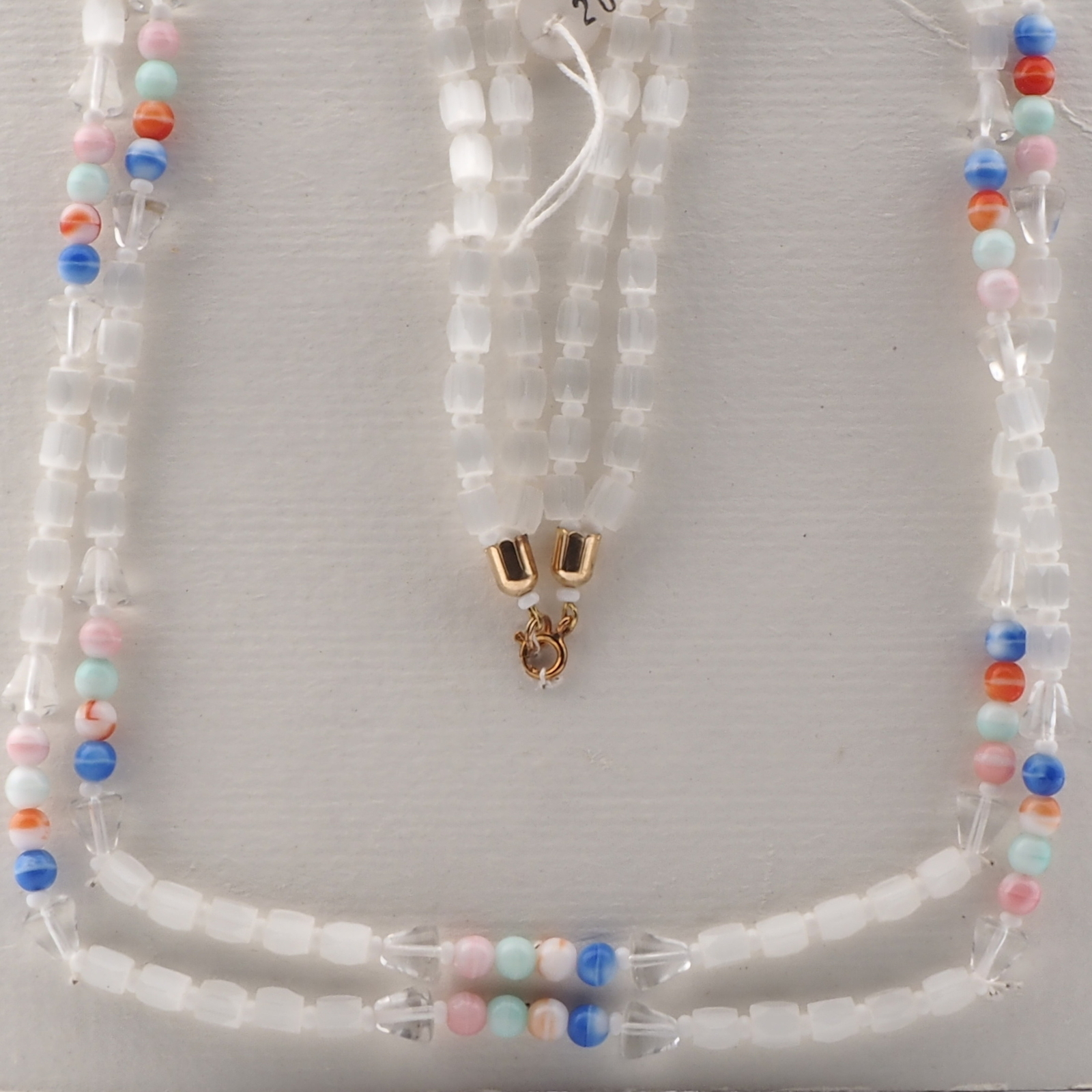 Vintage Czech 2 strand necklace frost satin atlas bicolor clear cone glass beads 27"