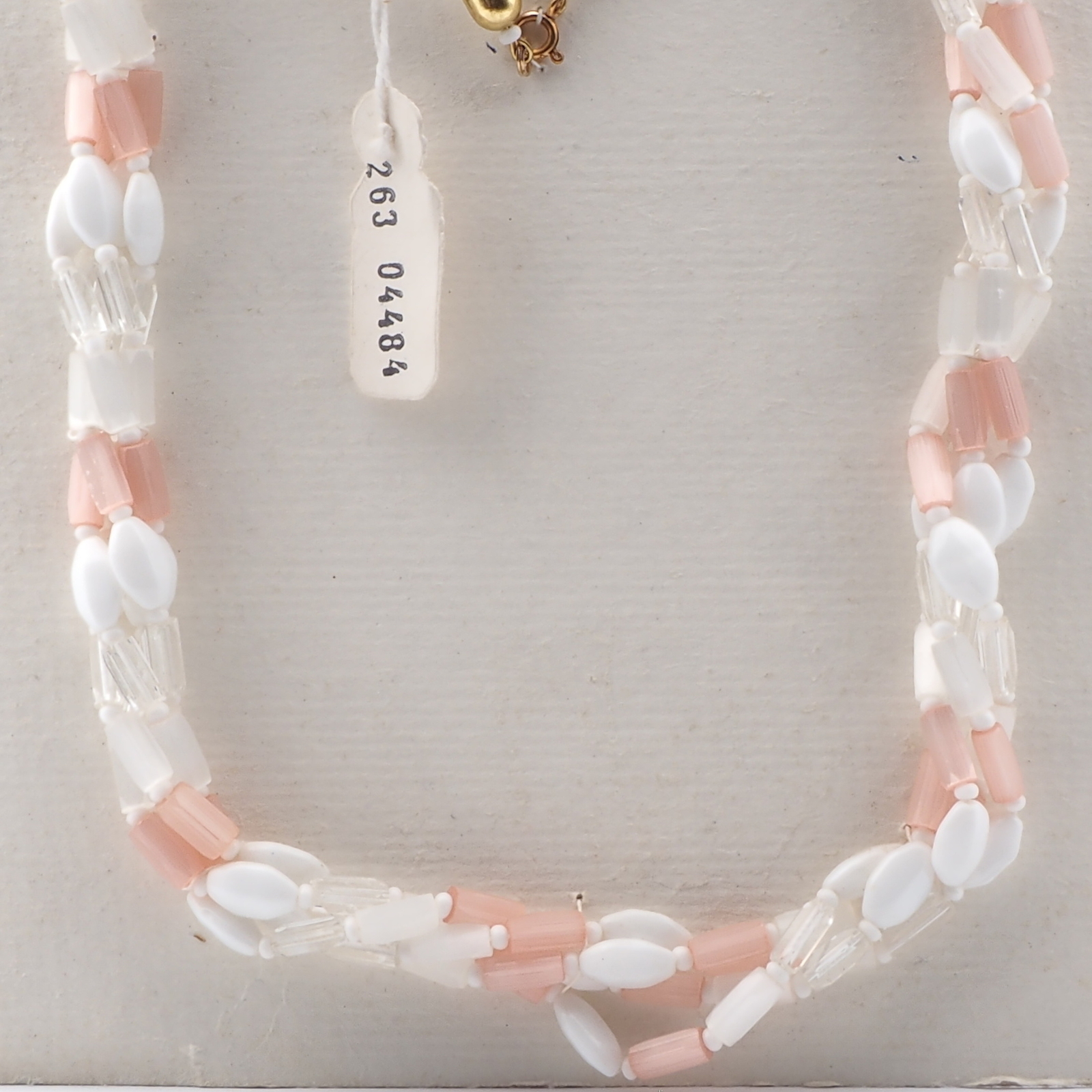 Vintage Czech 4 strand necklace pink frost satin atlas clear bugle glass beads 24"