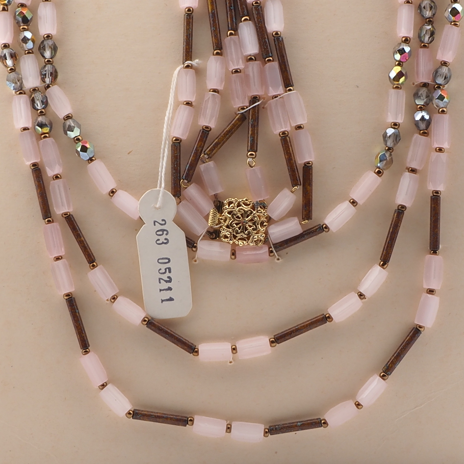 Vintage Czech 3 strand necklace satin atlas marble bugle vitrail glass beads 18"