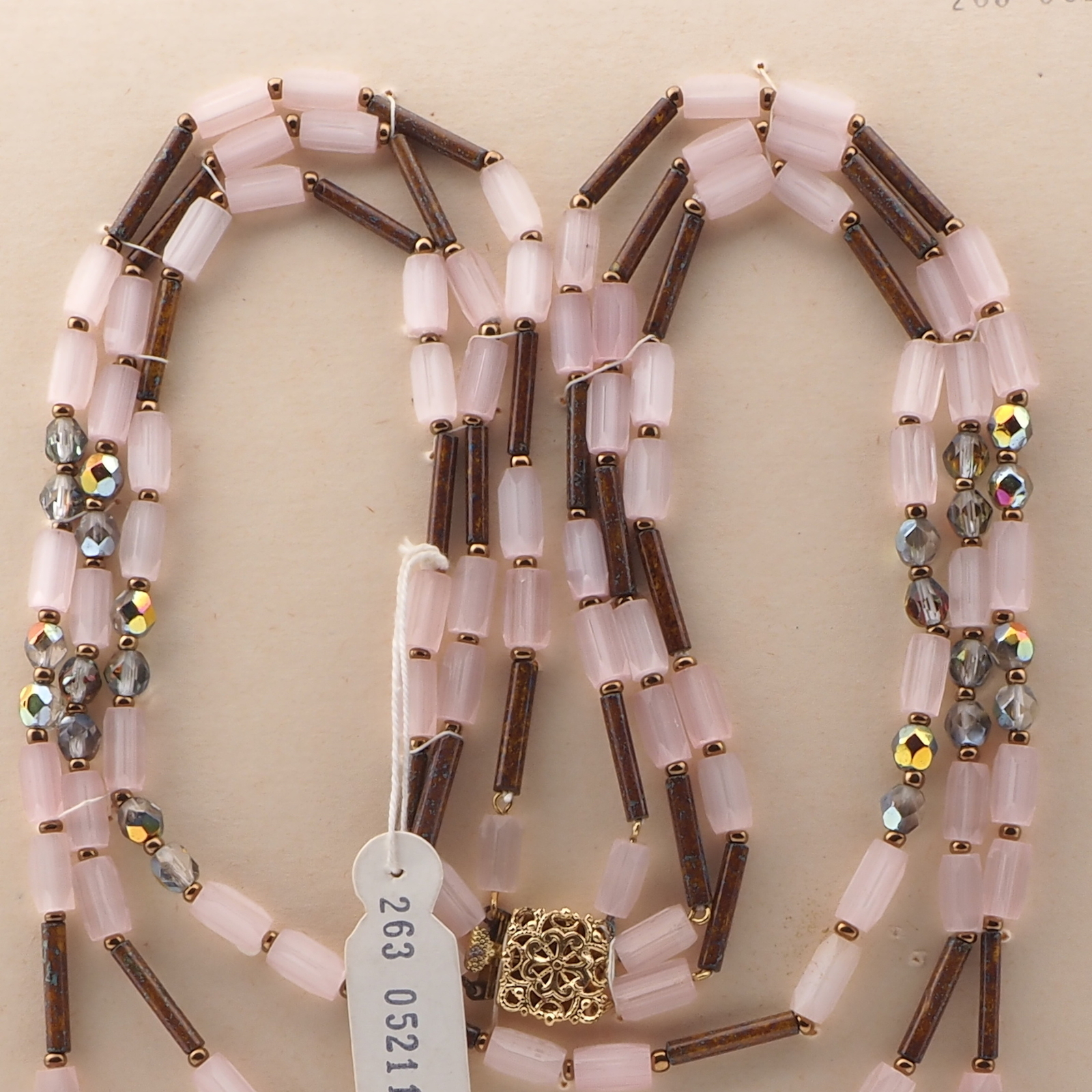 Vintage Czech 3 strand necklace frost satin atlas marble bugle vitrail glass beads 18"