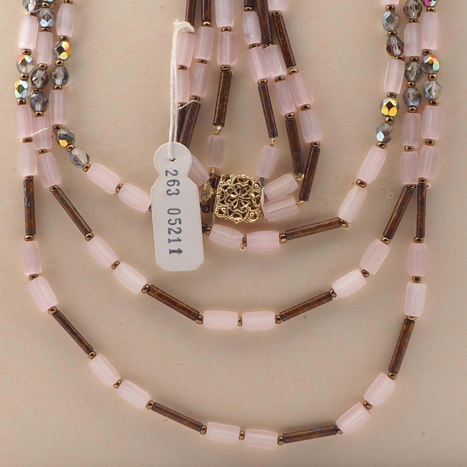 Vintage Czech 3 strand necklace frost satin atlas marble bugle vitrail glass beads 18"