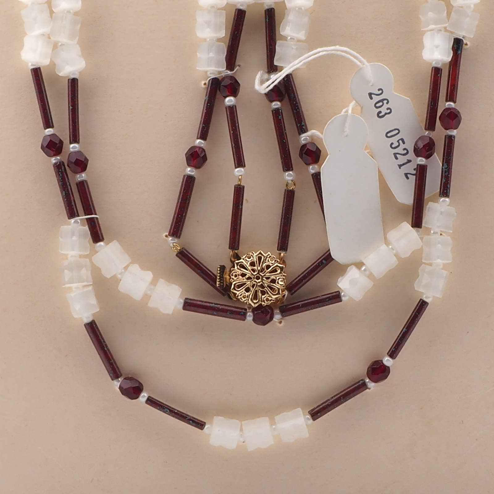 Vintage Czech 2 strand necklace satin atlas marble bugle black glass beads 27"