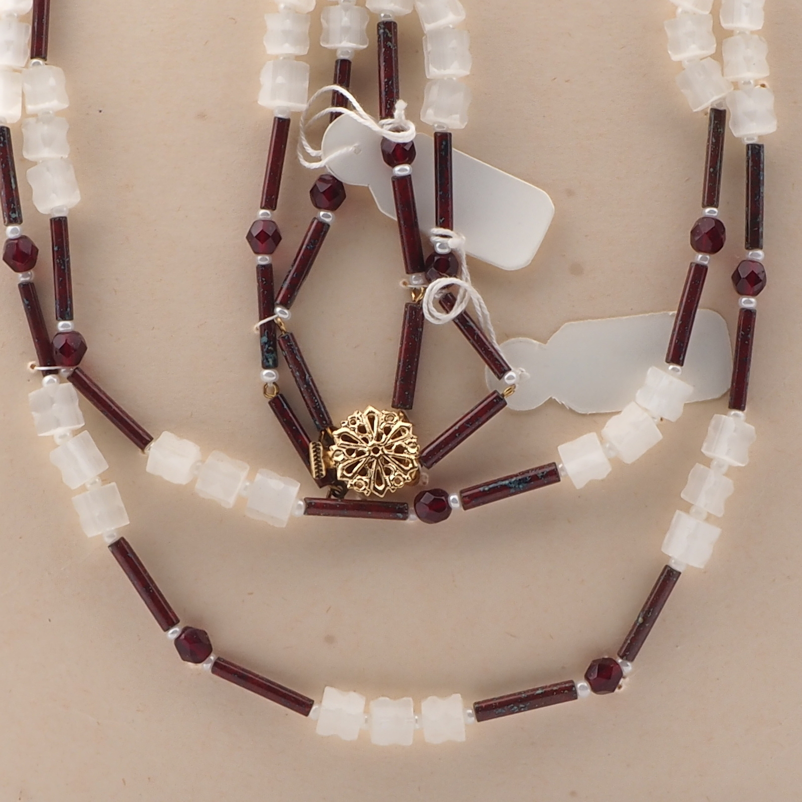 Vintage Czech 2 strand necklace crystal satin atlas marble bugle black glass beads 27"