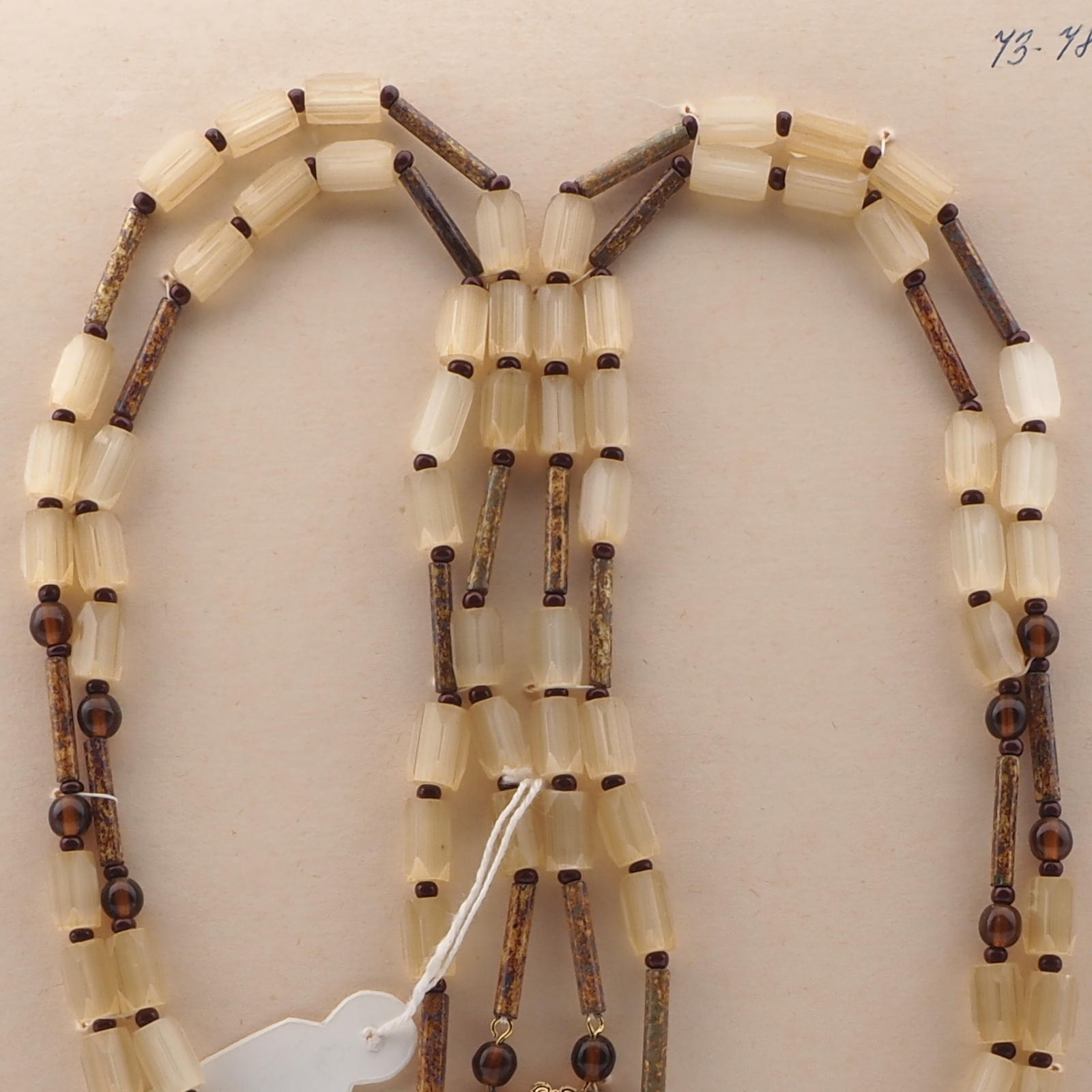 Vintage Czech 2 strand necklace topaz satin atlas marble bugle glass beads 29"
