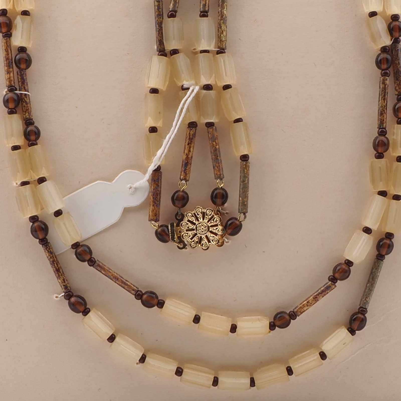 Vintage Czech 2 strand necklace topaz satin atlas marble bugle glass beads 29"