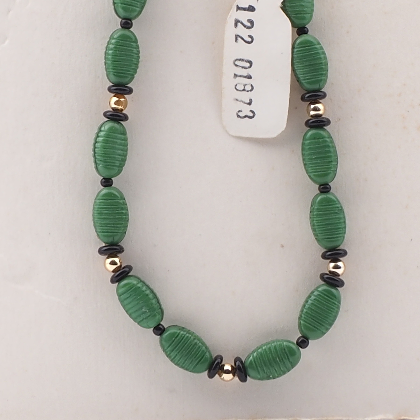 Vintage Czech necklace oval ribbed black rondelle gold glass beads 17"