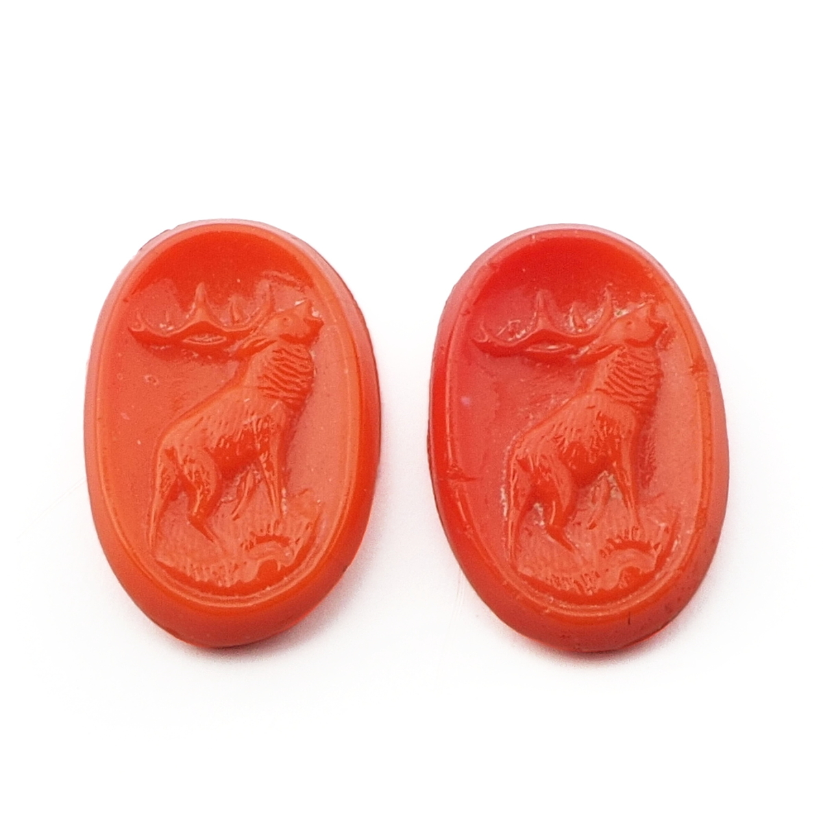 Lot (2) Czech antique red oval stag cameo glass cabochons 12mm