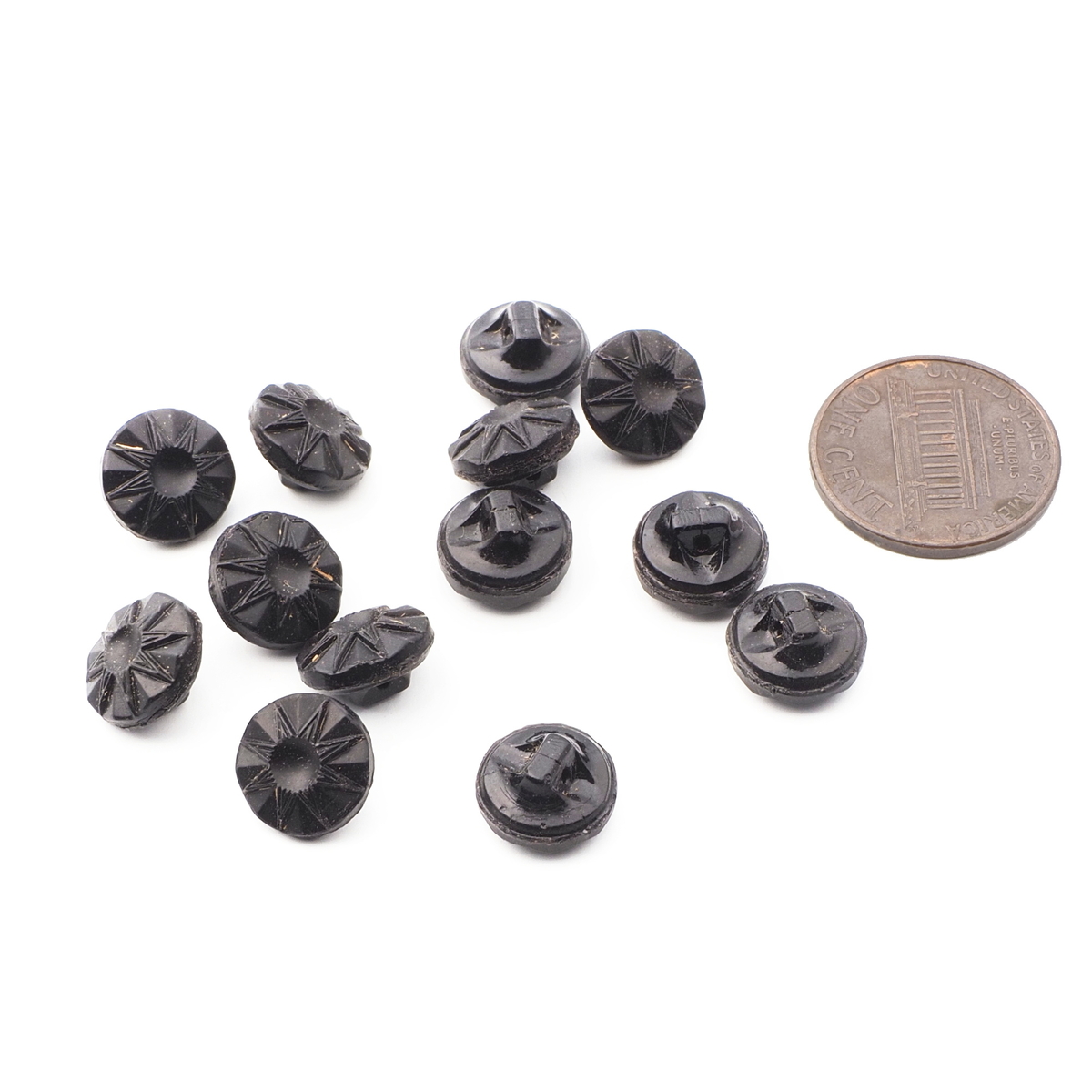 Lot (12) Czech Vintage geometric starburst black dimi doll glass buttons 10mm