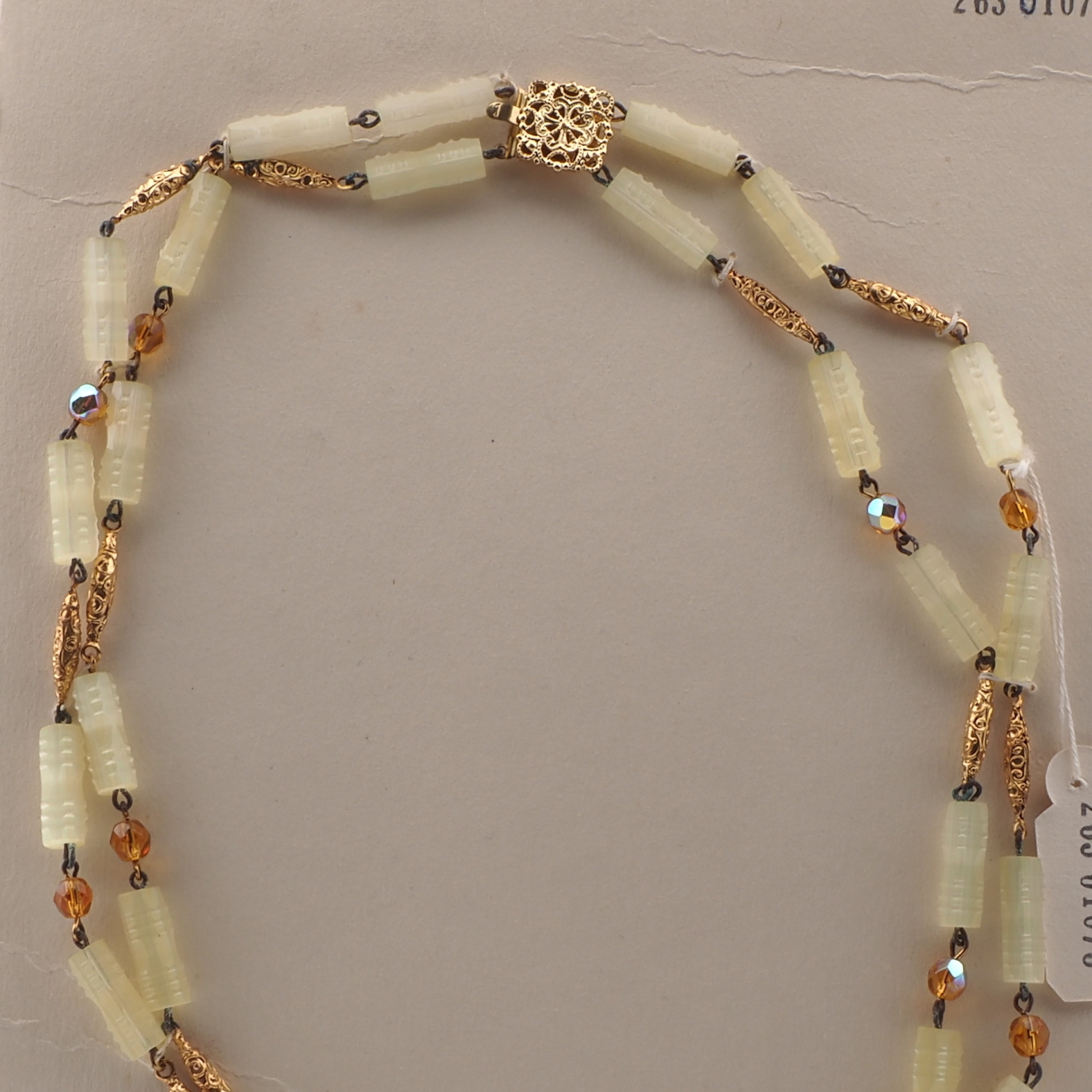 Vintage Czech 2 strand wired necklace frost yellow satin atlas vitrail topaz glass beads 19"