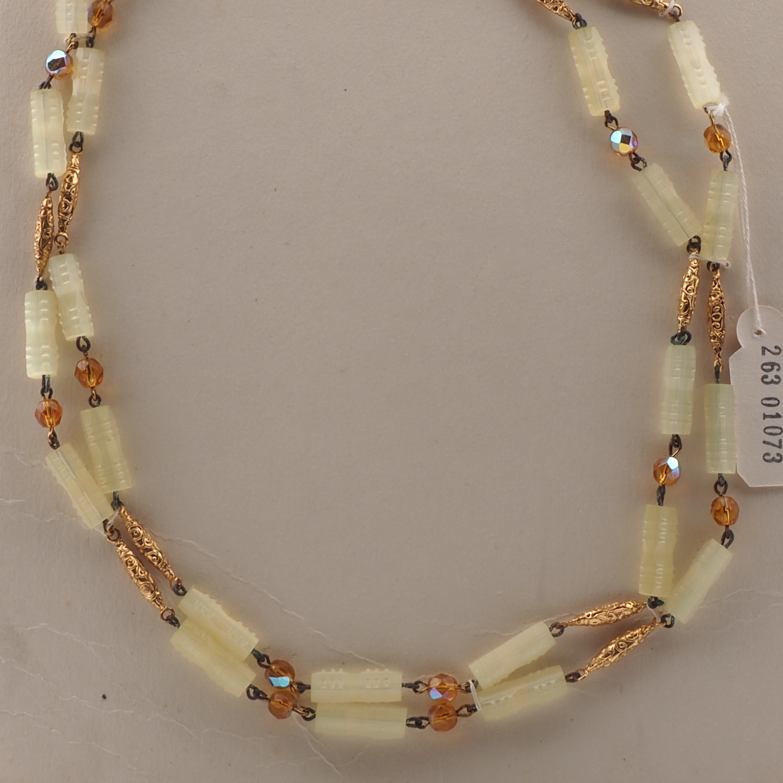 Vintage Czech 2 strand wired necklace frost yellow satin atlas vitrail topaz glass beads 19"