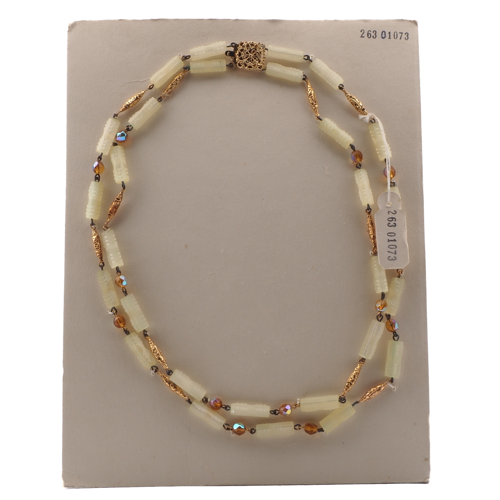 Vintage Czech 2 strand necklace frost yellow satin atlas vitrail topaz glass beads 19"