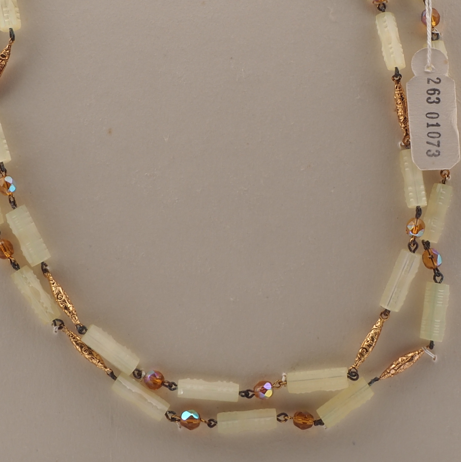 Vintage Czech 2 strand necklace frost yellow satin atlas vitrail topaz glass beads 19"