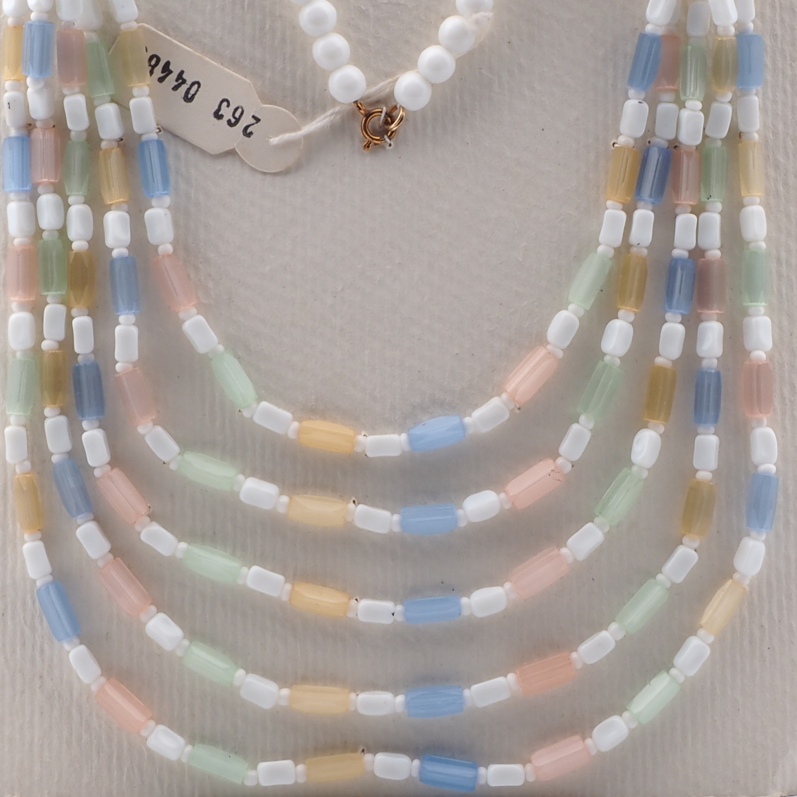 Vintage Czech 5 strand necklace frost satin atlas pentagon white glass beads 18"