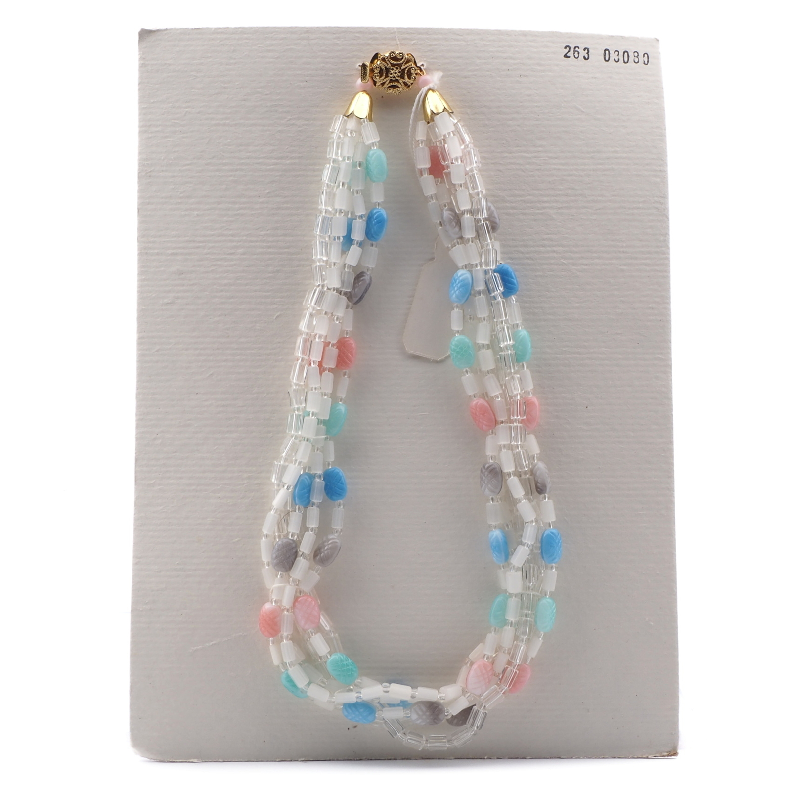 Vintage Czech 6 strand necklace frost satin atlas clear oval pastel glass beads 16"
