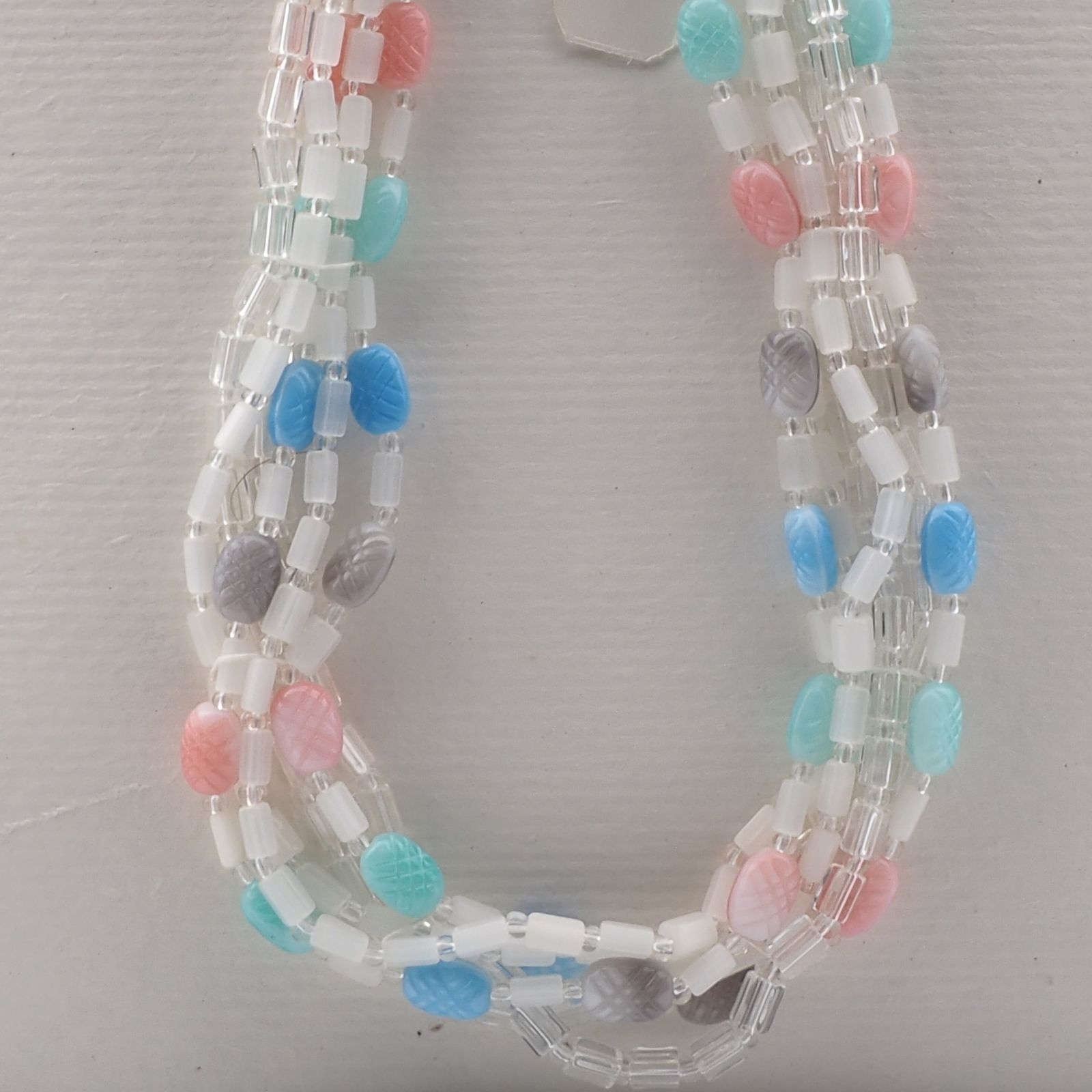 Vintage Czech 6 strand necklace frost satin atlas clear oval pastel glass beads 16"