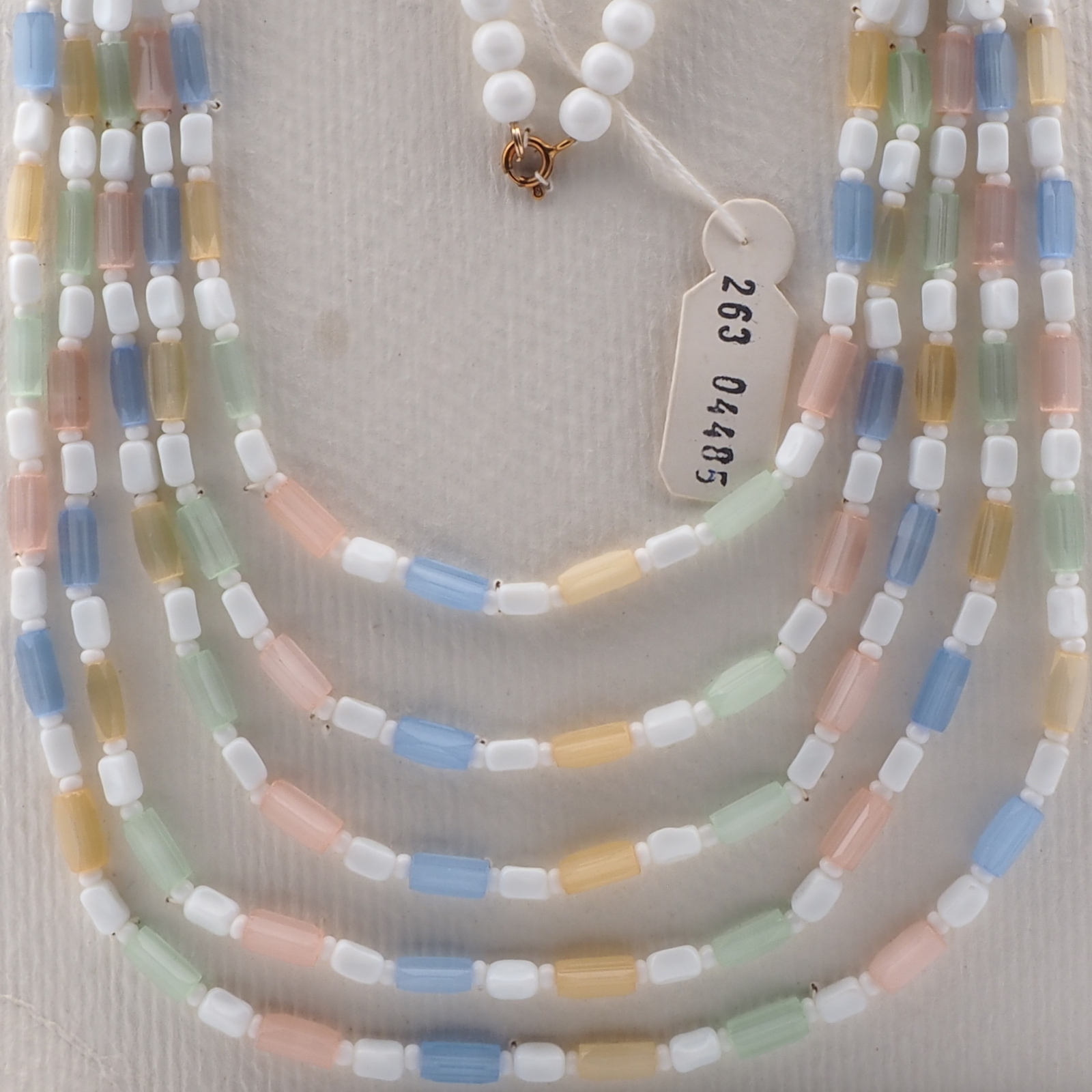 Vintage Czech 1 to 5 strand necklace frost satin atlas pentagon white glass beads 18"