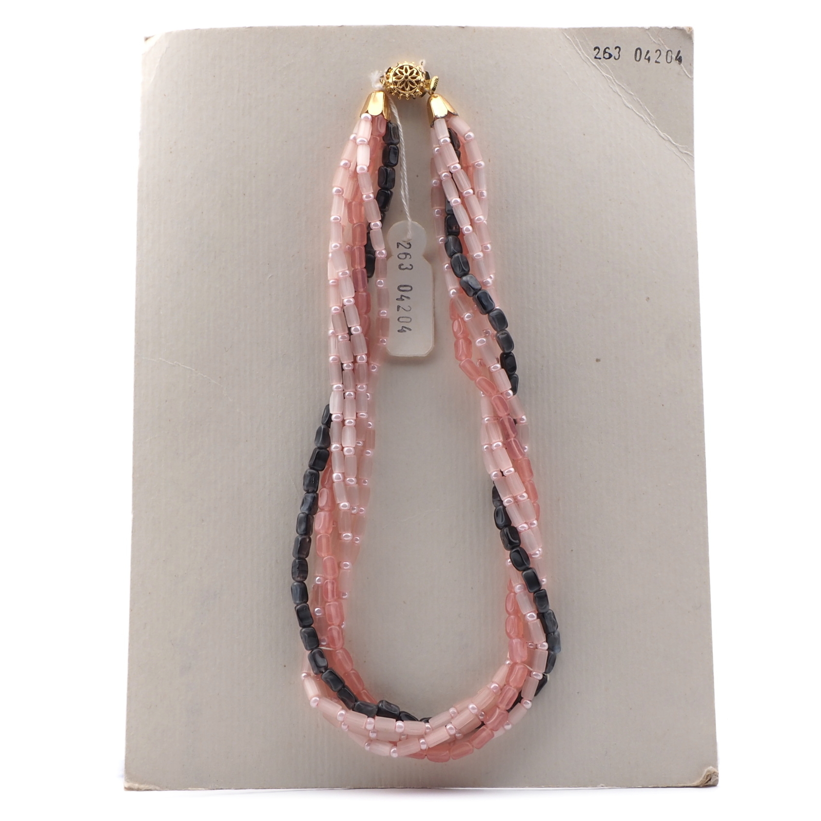 Vintage Czech 5 strand necklace pink satin atlas marble glass beads 16"