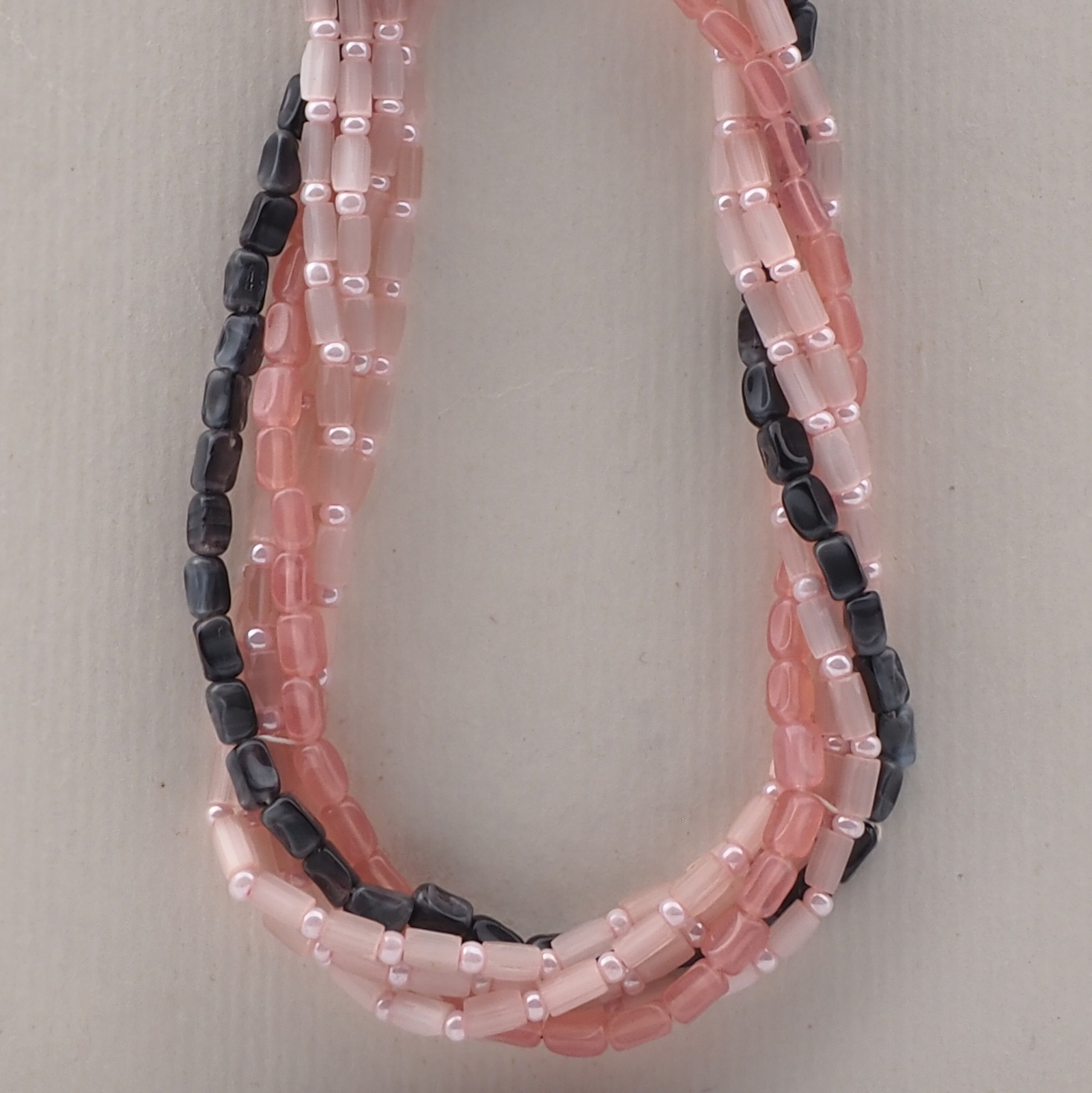 Vintage Czech 5 strand necklace pink satin atlas marble glass beads 16"