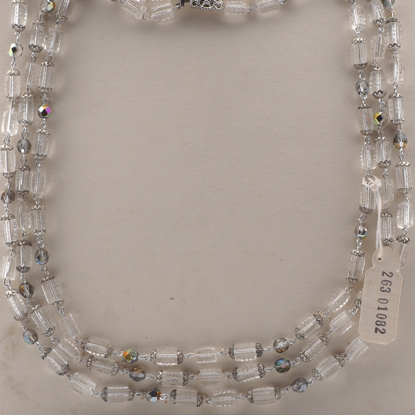 Vintage Czech 3 strand silver wired necklace clear faceted pentagon vitrail glass beads 20"