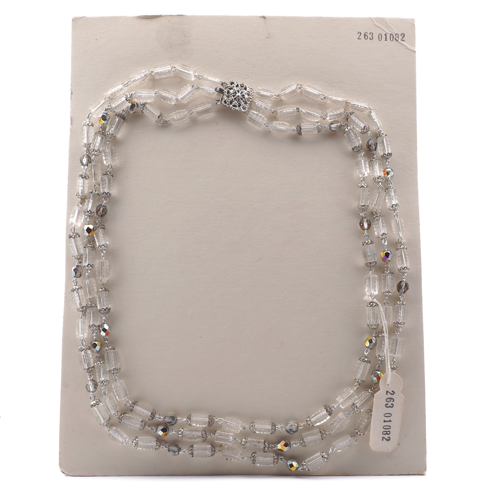 Vintage Czech 3 strand link necklace clear faceted pentagon vitrail glass beads 20"