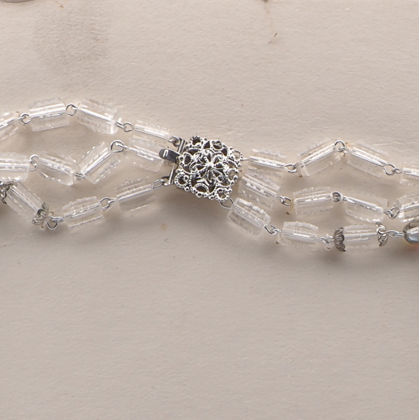 Vintage Czech 3 strand link necklace clear faceted pentagon vitrail glass beads 20"