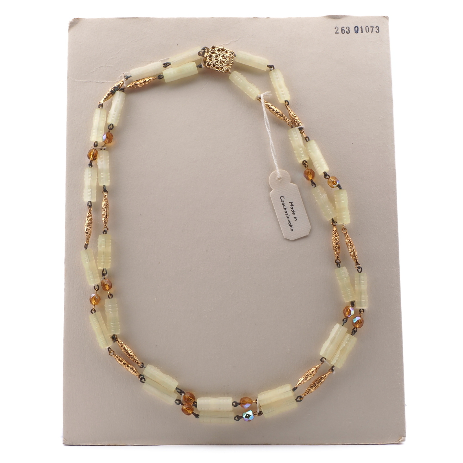 Vintage Czech 2 strand link necklace frost yellow satin atlas vitrail topaz glass beads 19"