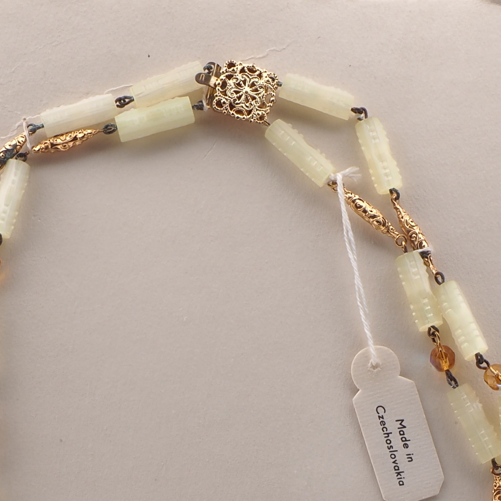 Vintage Czech 2 strand link necklace frost yellow satin atlas vitrail topaz glass beads 19"