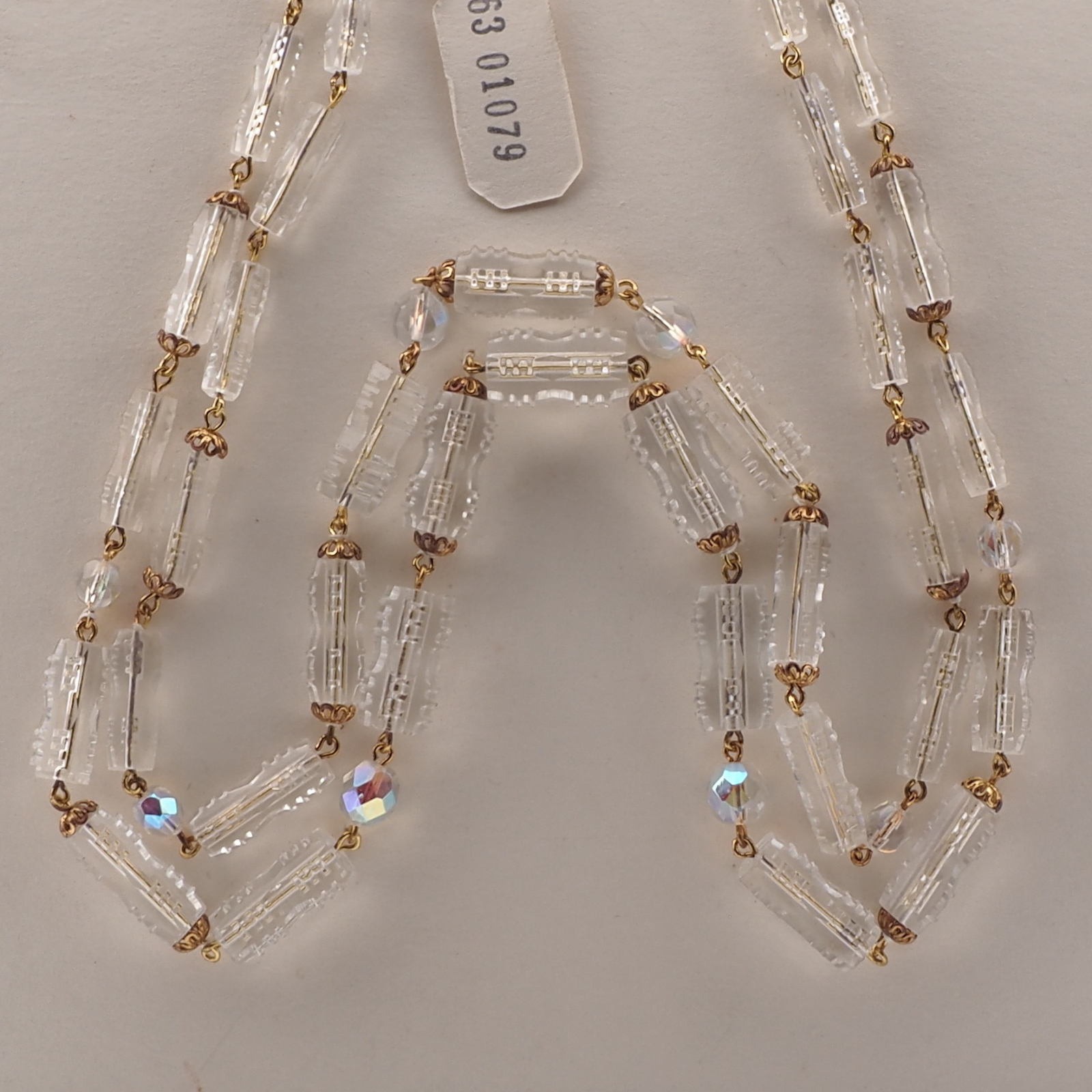 Vintage Czech 2 strand wired necklace clear faceted pentagon AB glass beads 21"