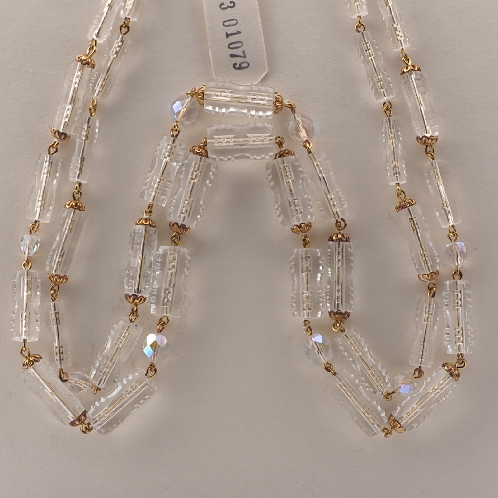 Vintage Czech 2 strand wired necklace clear ribbed pentagon AB glass beads 21"