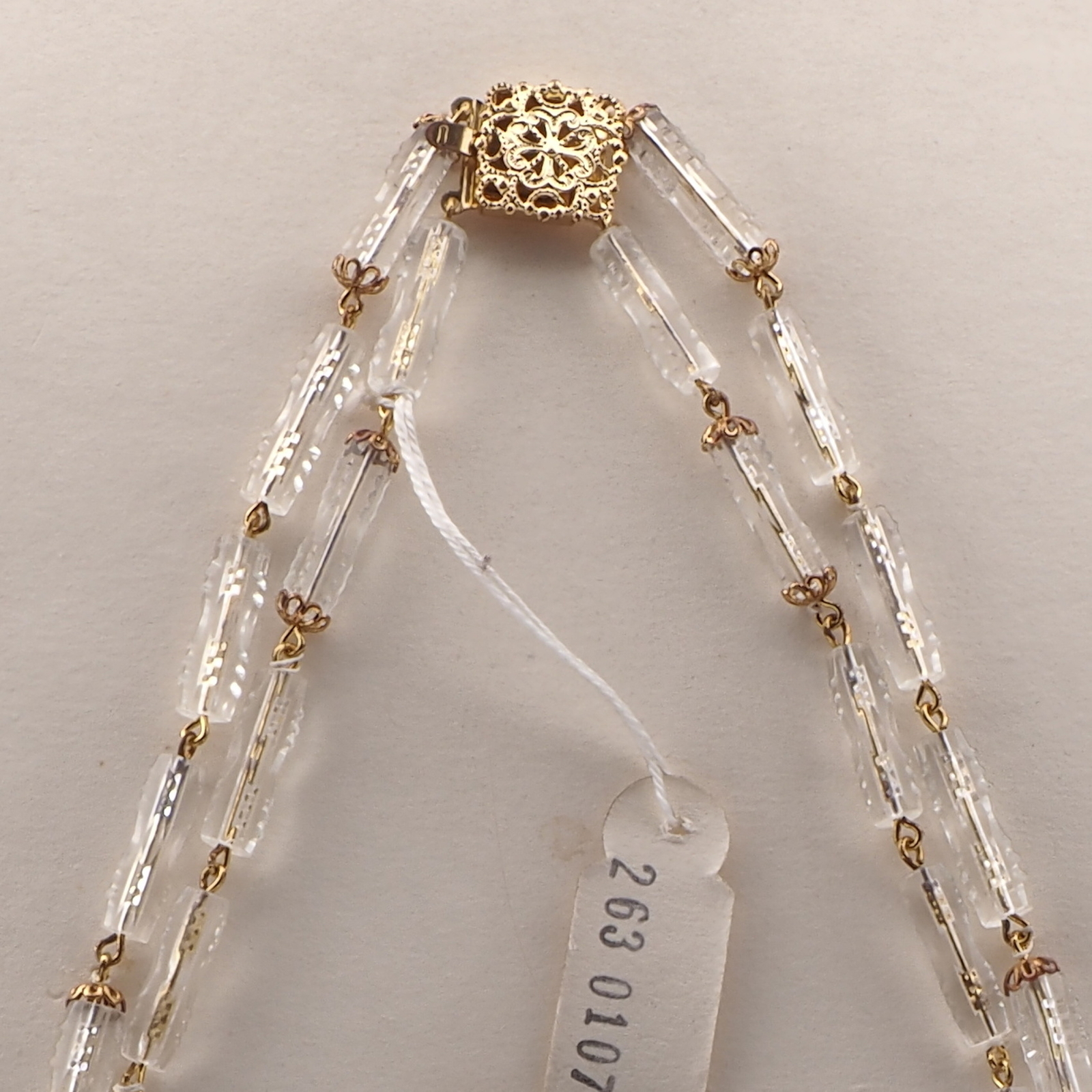 Vintage Czech 2 strand link necklace clear ribbed pentagon AB glass beads 21"