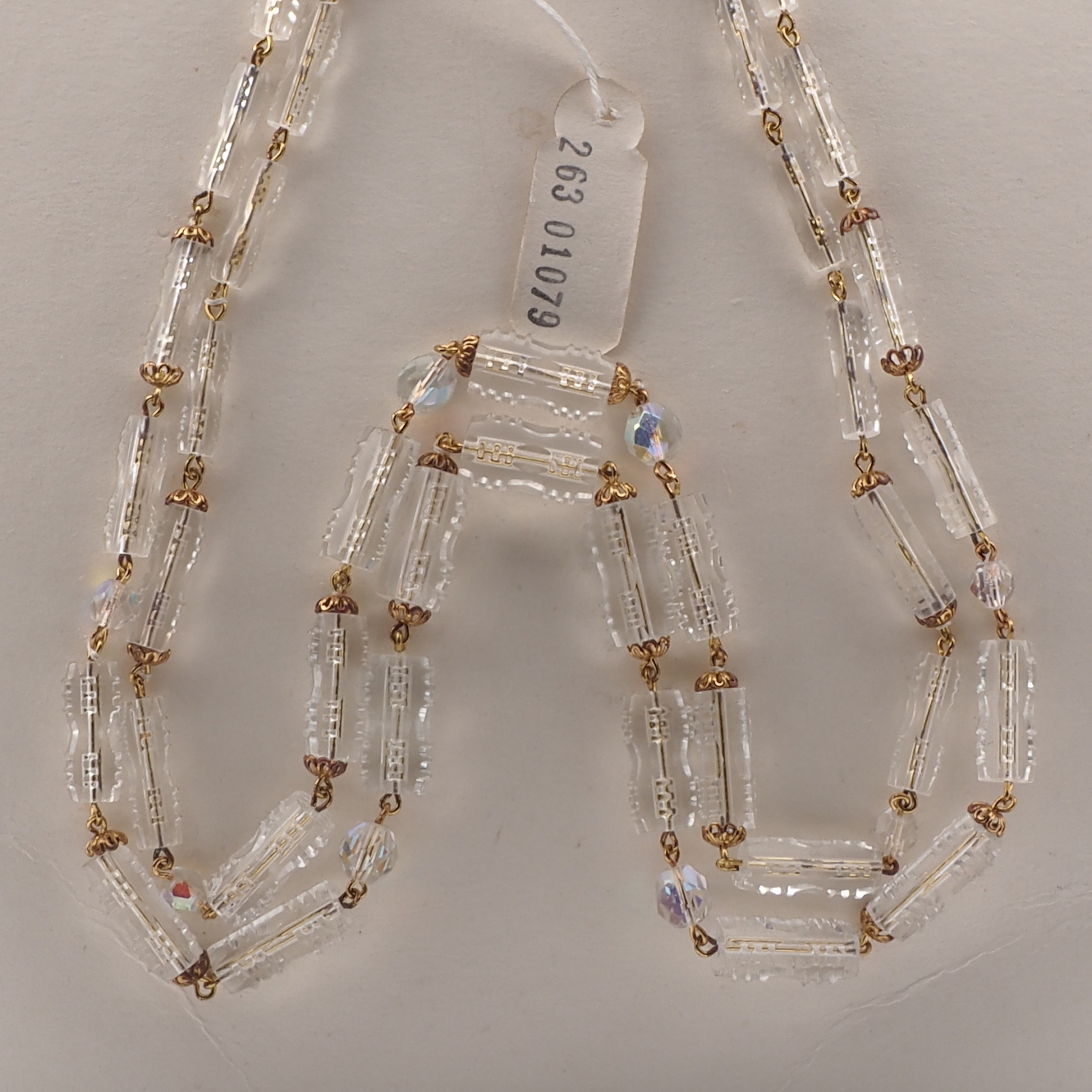 Vintage Czech 2 strand link necklace clear ribbed pentagon AB glass beads 21"