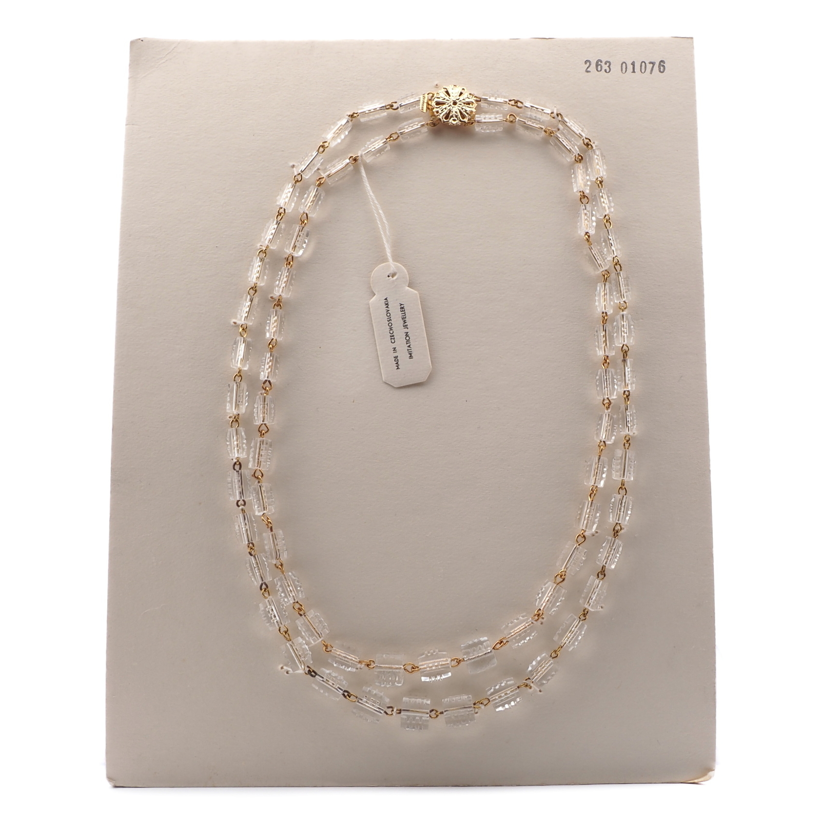 Vintage Czech 2 strand gold wired necklace clear ribbed pentagon glass beads 18"