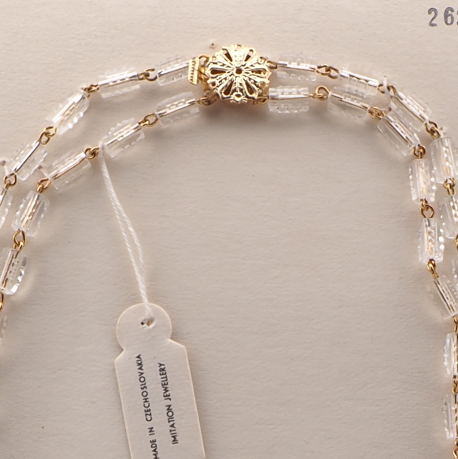Vintage Czech 2 strand gold wired necklace clear ribbed pentagon glass beads 18"