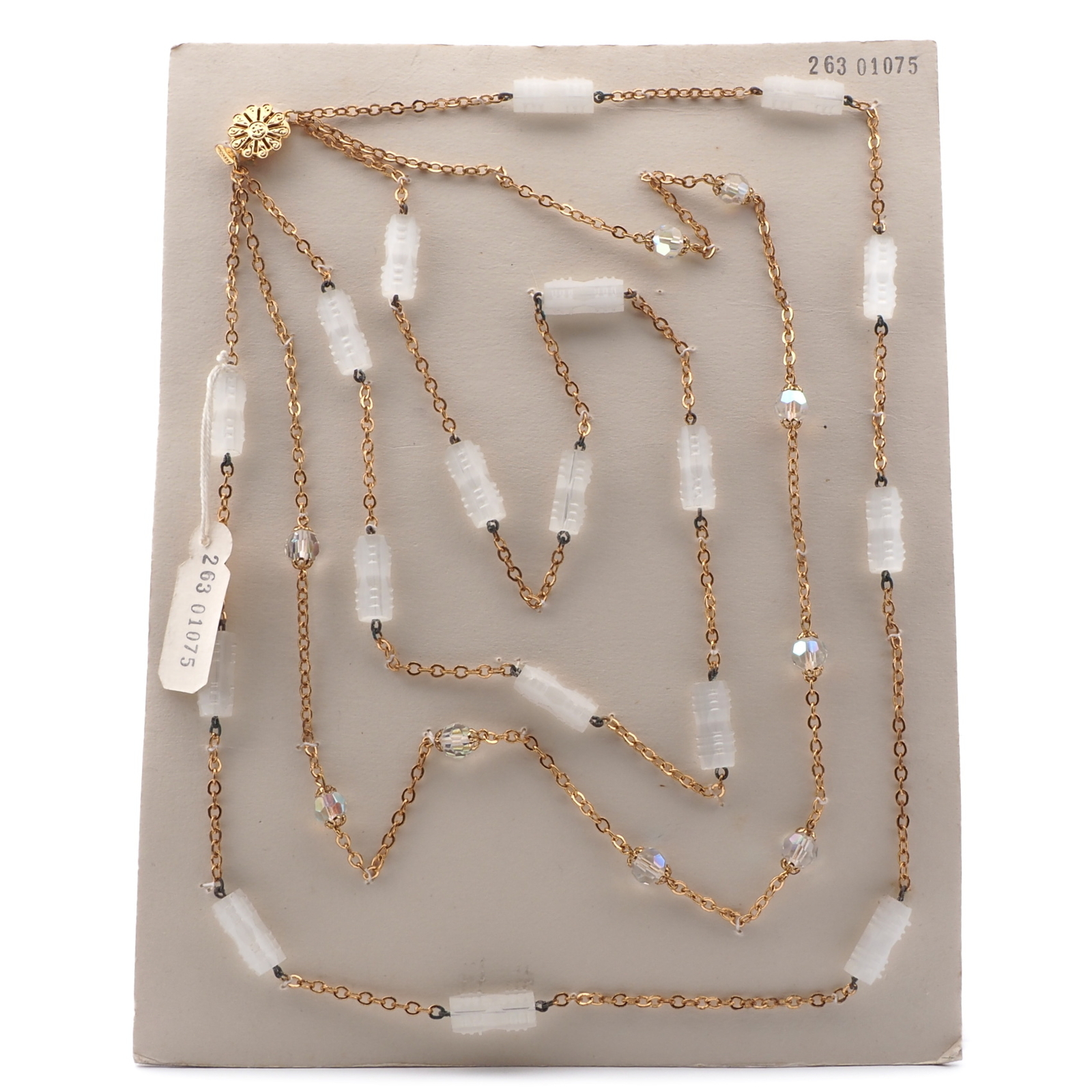 Vintage Czech 3 strand gold chain necklace frost satin atlas pentagon AB glass beads 21"